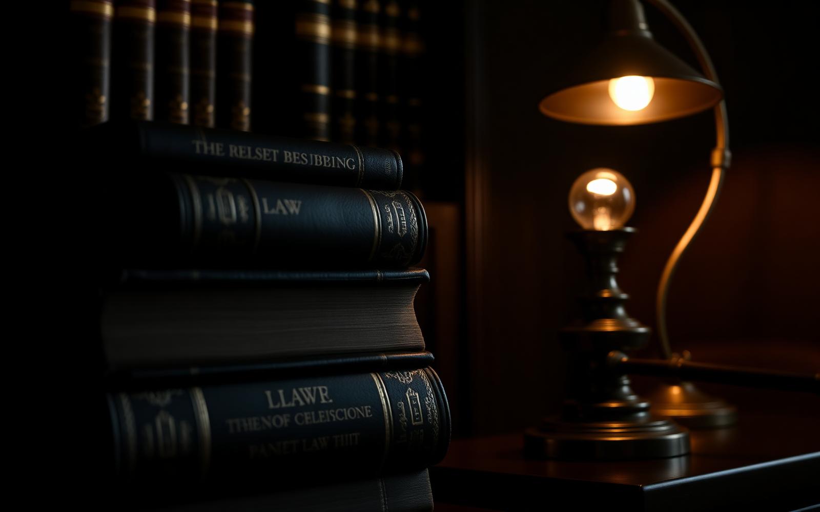 Biblioteca jurídica iluminada por la lámpara de un despacho